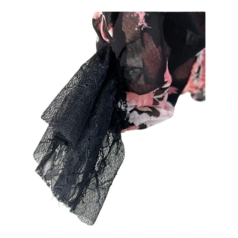 Free People Daphne Black Pink Lace Bell Sleeve Smocked Crop Whimsigoth NEW